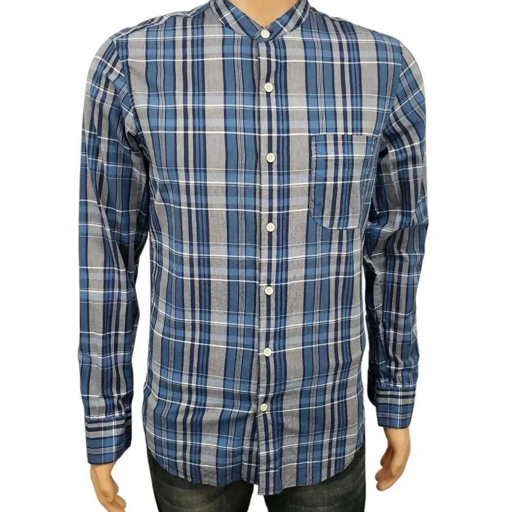 J. Crew Banded Collar Mandarin Shirt Indian Madras Slim Fit Blue Gray Plaid S